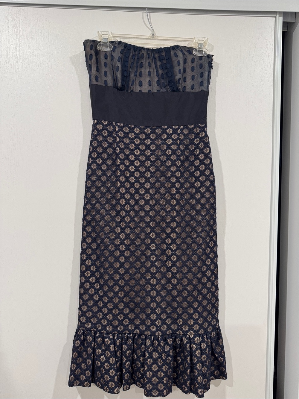 Tracy Reese Strapless Navy and Black Patterned Midi Dress